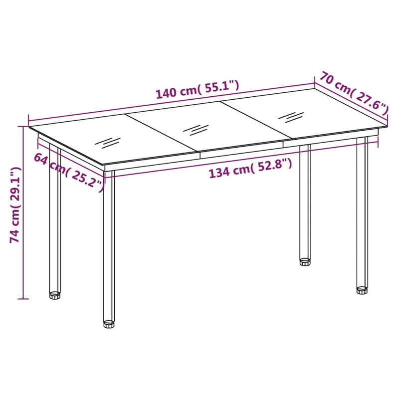 vidaXL fekete acél és üveg kerti étkezőasztal 140 x 70 x 74 cm