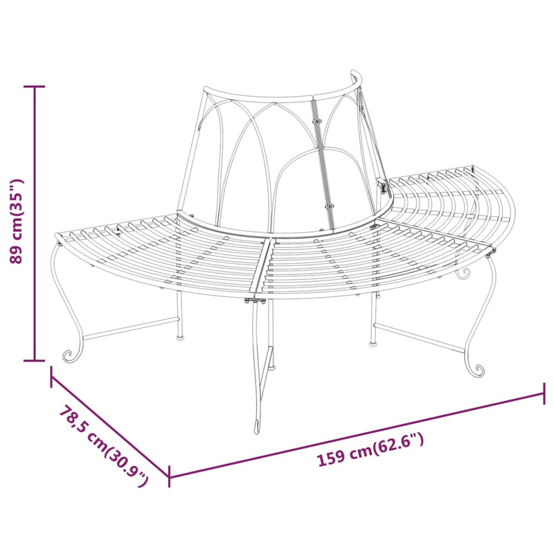vidaXL fekete acél félkör alakú fa körüli pad Ø159 cm