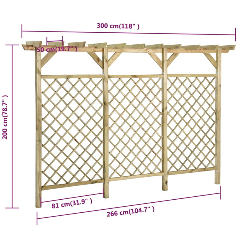 vidaXL impregnált fenyőfa kerti kerítés pergolatetővel 300x50x200cm