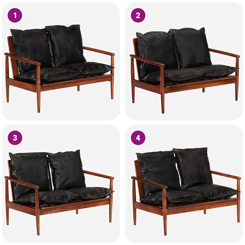 vidaXL fekete 2 személyes valódi bőr és tömör akácfa kanapé