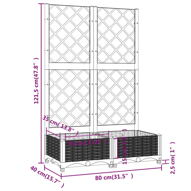 vidaXL barna polipropilén rácsos kerti ültetőláda 80 x 40 x 121,5 cm