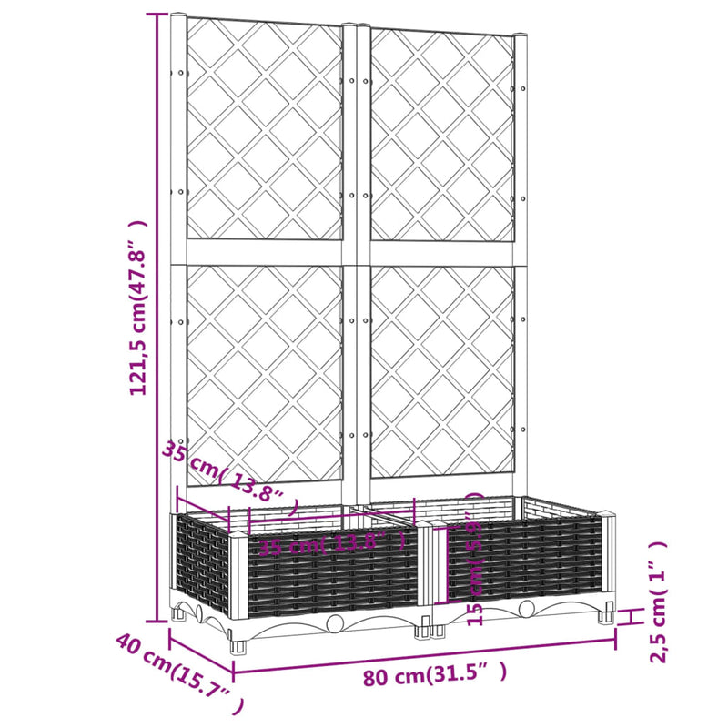 vidaXL fekete polipropilén rácsos kerti ültetőláda 80 x 40 x 121,5 cm
