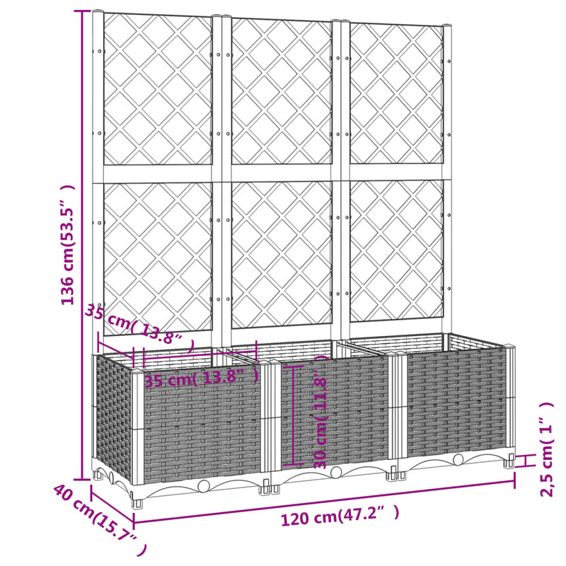 vidaXL fekete polipropilén rácsos kerti ültetőláda 120 x 40 x 136 cm