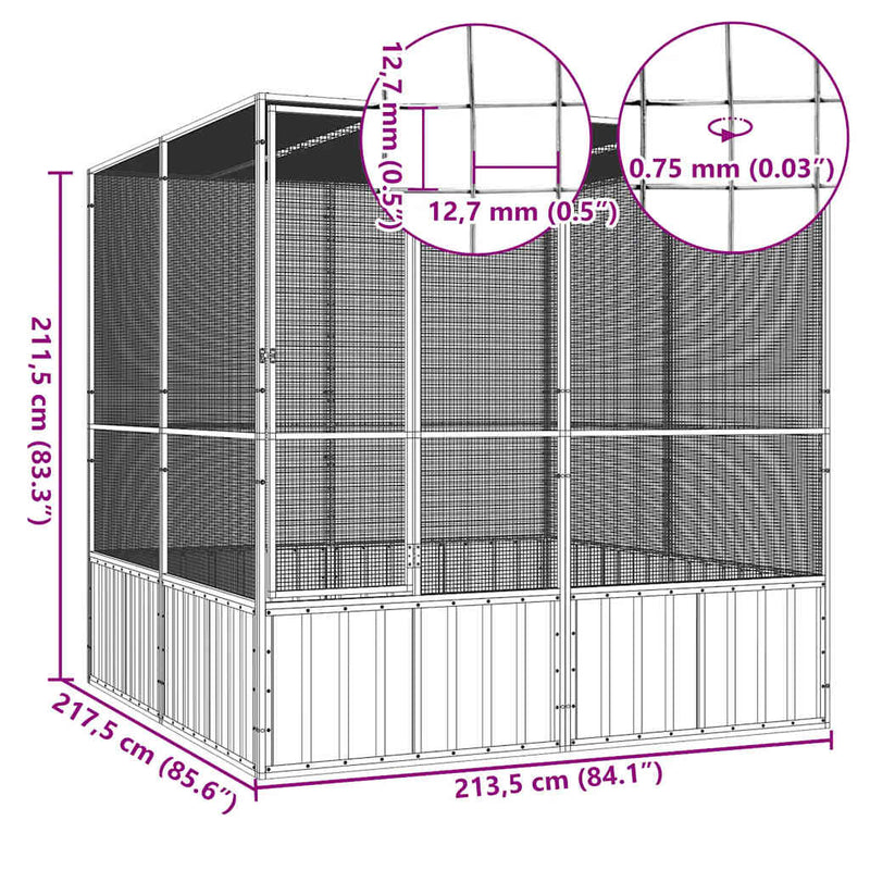 vidaXL szürke horganyzott acél madárketrec 213,5x217,5x211,5 cm