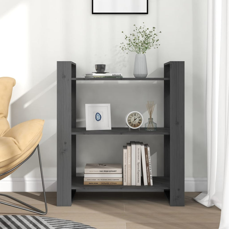 vidaXL szürke tömör fenyőfa könyvszekrény/térelválasztó 80x35x91 cm