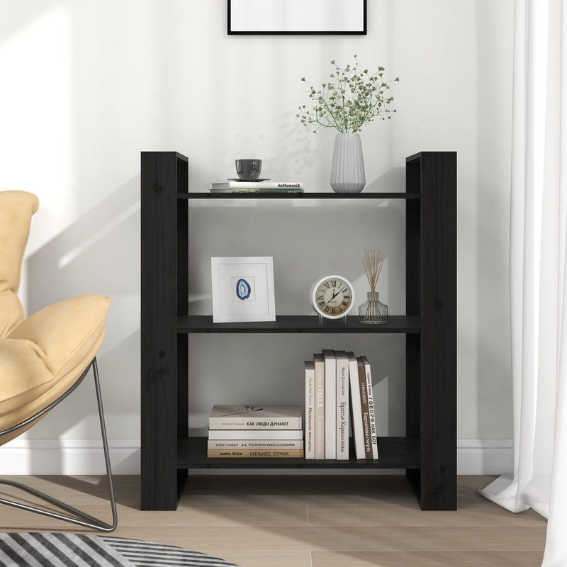 vidaXL fekete tömör fenyőfa könyvszekrény/térelválasztó 80x35x91 cm