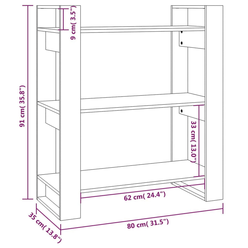 vidaXL fekete tömör fenyőfa könyvszekrény/térelválasztó 80x35x91 cm