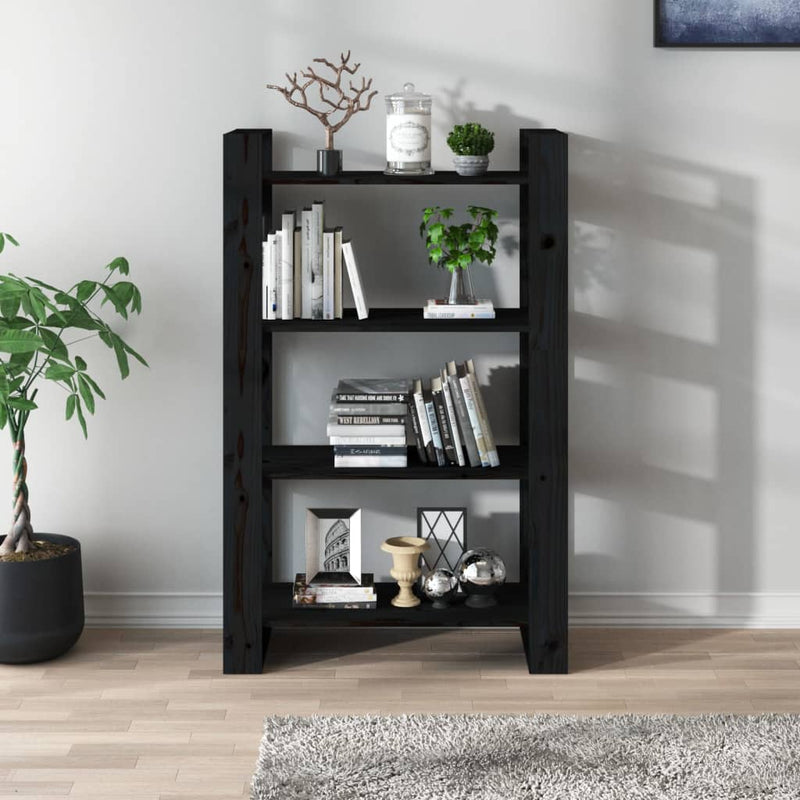 vidaXL fekete tömör fenyőfa könyvszekrény/térelválasztó 80x35x125 cm