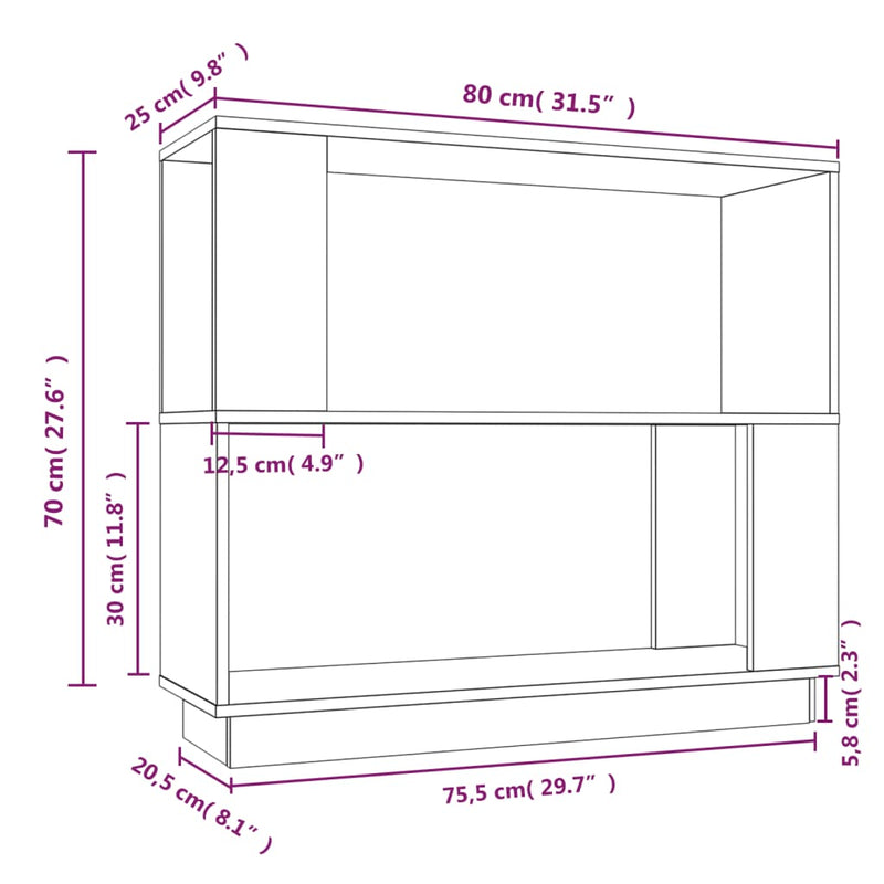 vidaXL fehér tömör fenyőfa könyvszekrény/térelválasztó 80 x 25 x 70 cm
