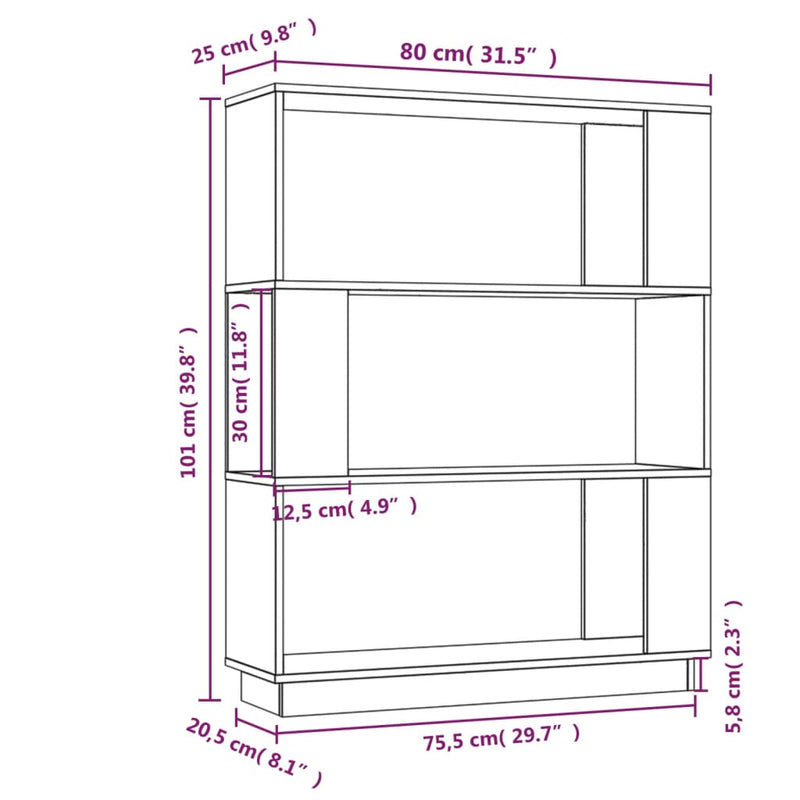vidaXL tömör fenyőfa könyvszekrény/térelválasztó 80 x 25 x 101 cm