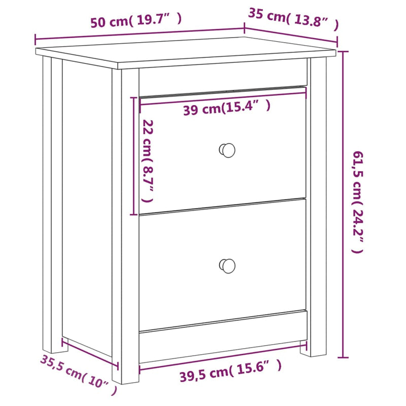 vidaXL fekete tömör fenyőfa éjjeliszekrény 50x35x61,5 cm