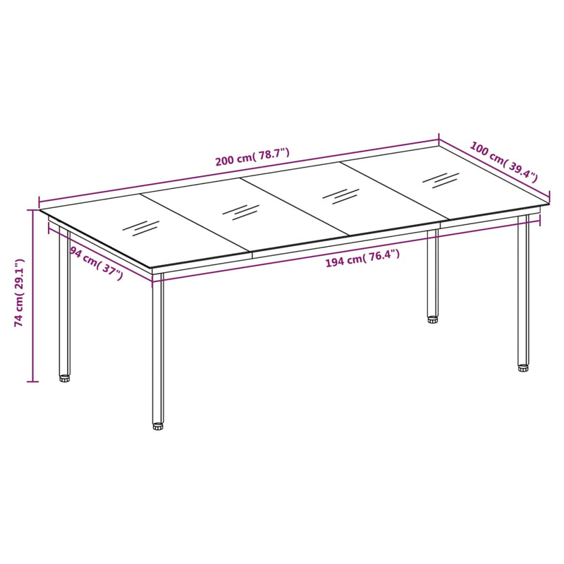 vidaXL fekete acél és üveg kerti étkezőasztal 200 x 100 x 74 cm