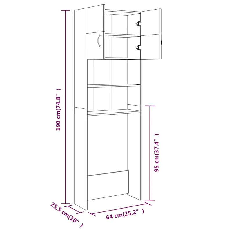 vidaXL szürke sonoma tölgy mosógépszekrény 64 x 25,5 x 190 cm