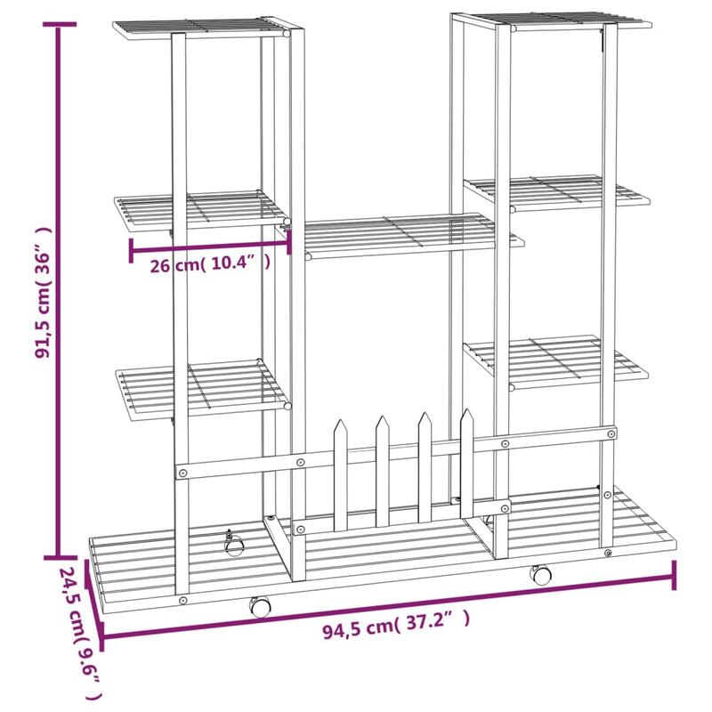 vidaXL fekete vas virágtartó állvány kerekekkel 94,5 x 24,5 x 91,5 cm