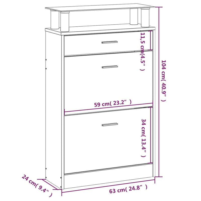 vidaXL fekete szerelt fa cipőszekrény 63 x 24 x 104 cm