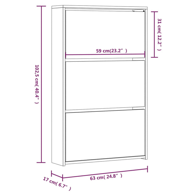 vidaXL fekete 3 szintes cipőszekrény tükörrel 63 x 17 x 102,5 cm