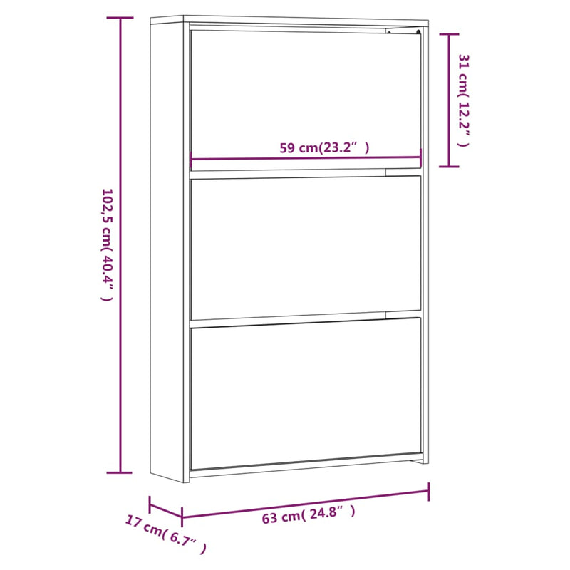 vidaXL magasfényű fehér 3 szintes cipőszekrény tükörrel 63x17x102,5 cm