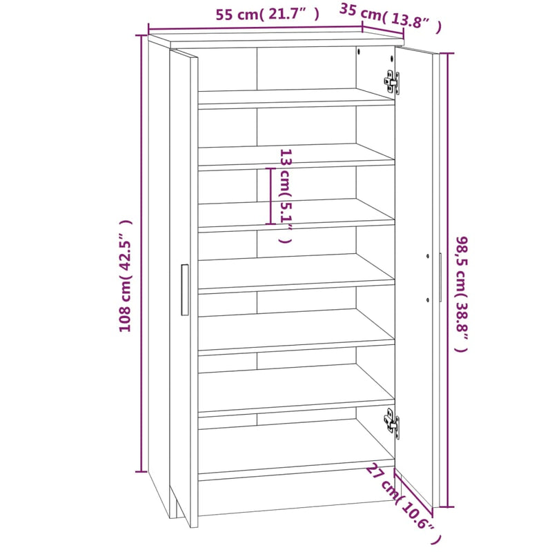 vidaXL barna tölgy színű szerelt fa cipősszekrény 55 x 35 x 108 cm