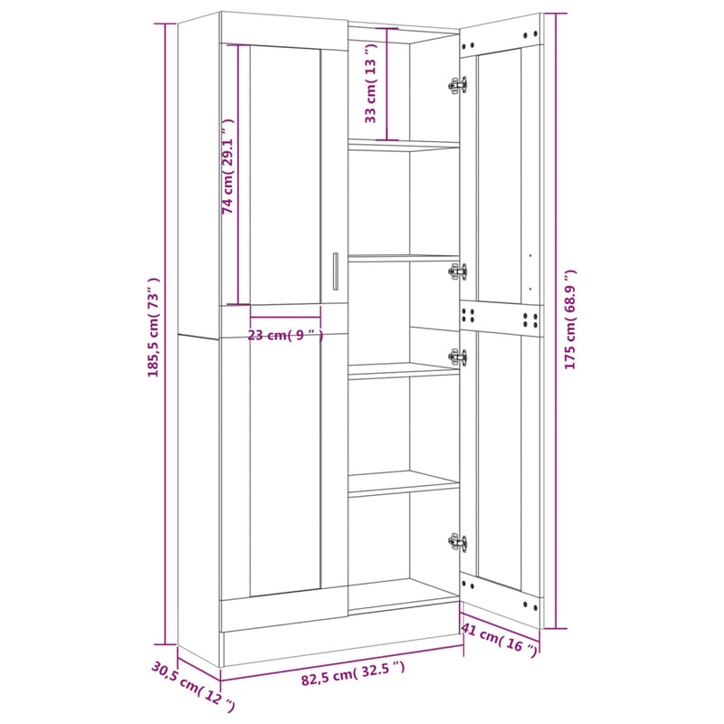 vidaXL füstös tölgyszínű szerelt fa vitrinszekrény 82,5x30,5x185 cm