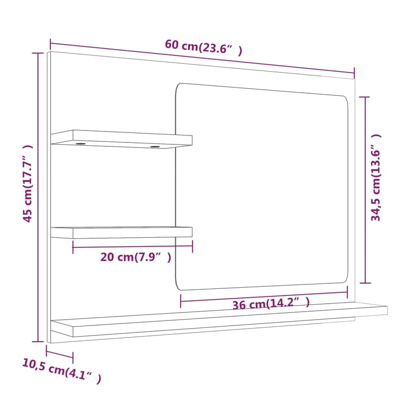 vidaXL füstös tölgy színű szerelt fa fürdőszobatükör 60 x 10,5 x 45 cm