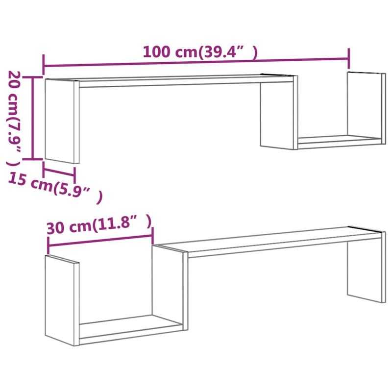 vidaXL 2 db szürke sonoma színű szerelt fa fali polc 100 x 15 x 20 cm
