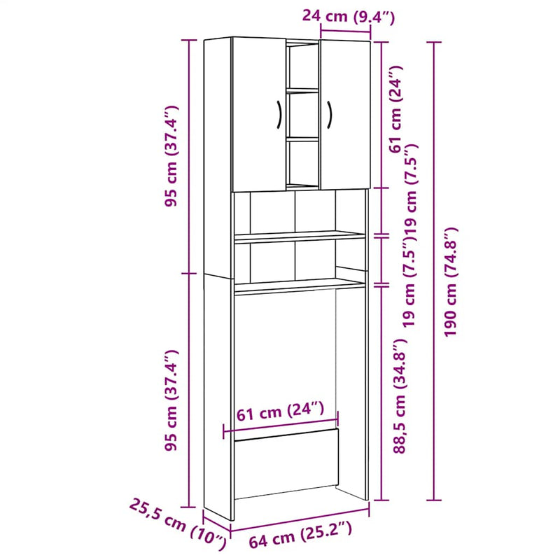 vidaXL barna tölgy színű mosógépszekrény 64 x 25,5 x 190 cm