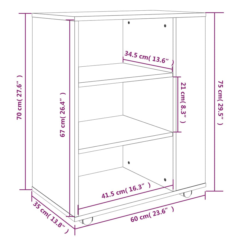 vidaXL füstös tölgy színű szerelt fa kerekes szekrény 60 x 35 x 75 cm