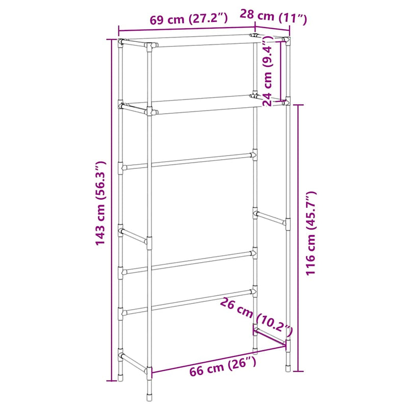 vidaXL 2 szintes fekete vas mosógép feletti tárolóállvány 69x28x143 cm