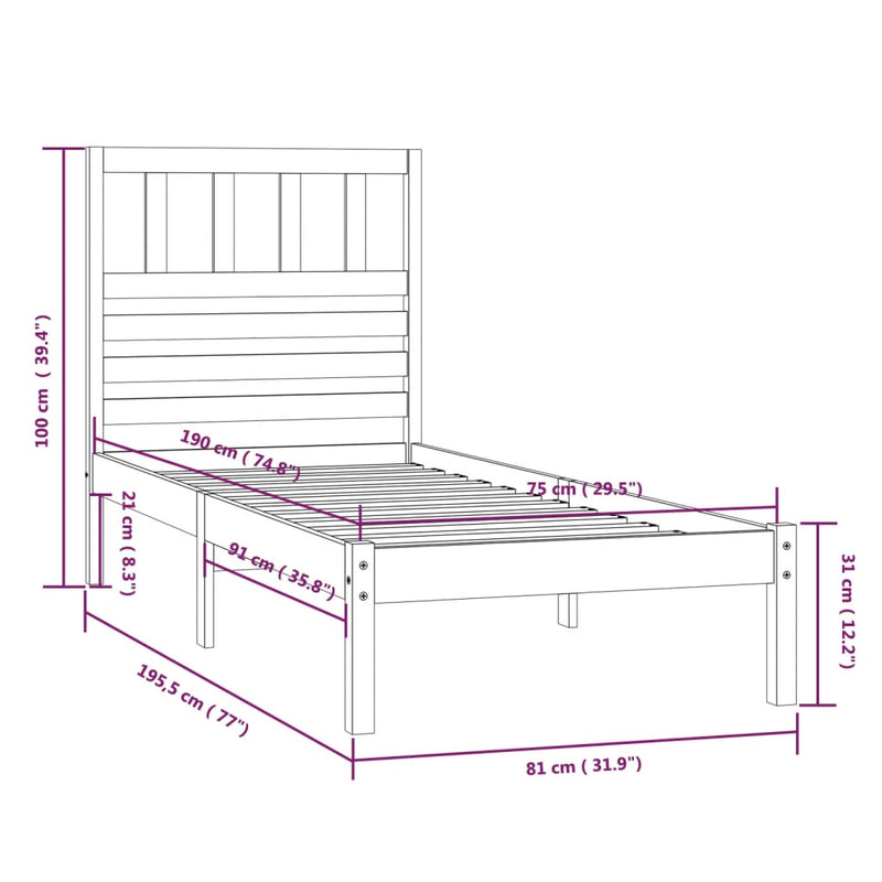 vidaXL fekete egyszemélyes tömör fenyőfa ágykeret 75 x 190 cm