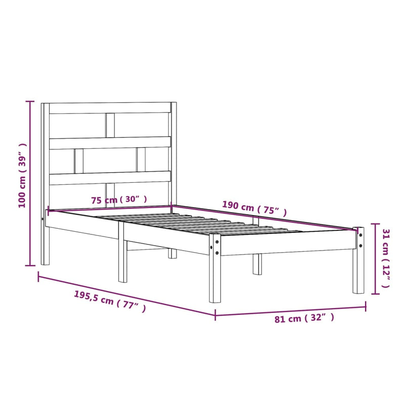 vidaXL fekete tömör fa ágykeret 75 x 190 cm (Small Single)