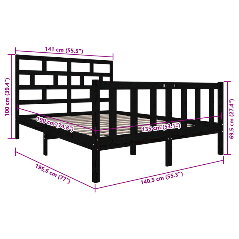vidaXL Double fekete tömör fenyőfa ágykeret 135 x 190 cm