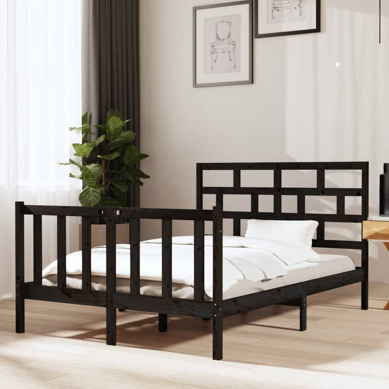 vidaXL Double fekete tömör fenyőfa ágykeret 135 x 190 cm