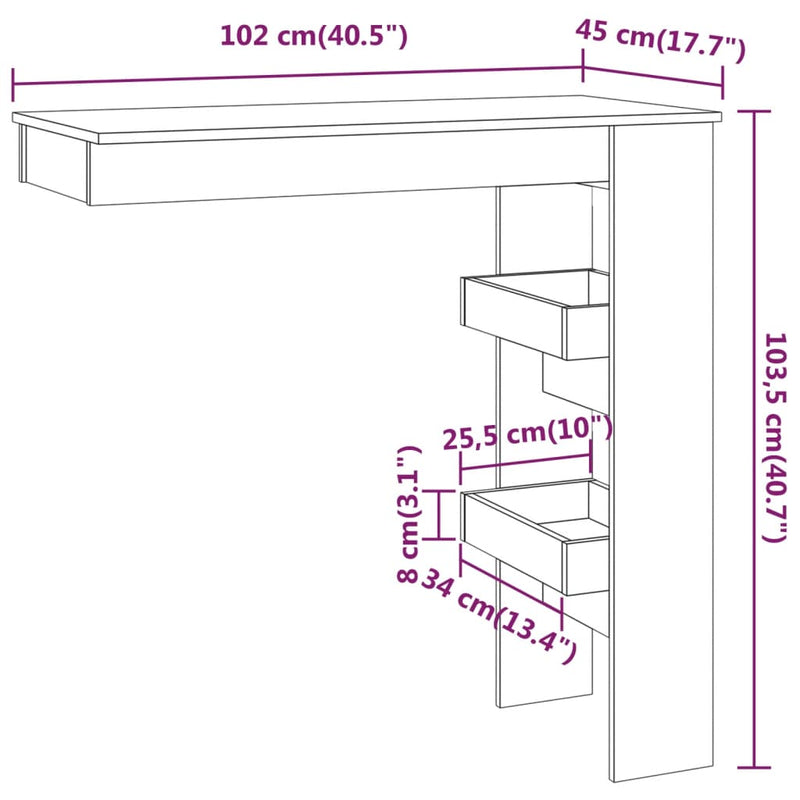 vidaXL fekete fatermék fali bárasztal 102 x 45 x 103,5 cm