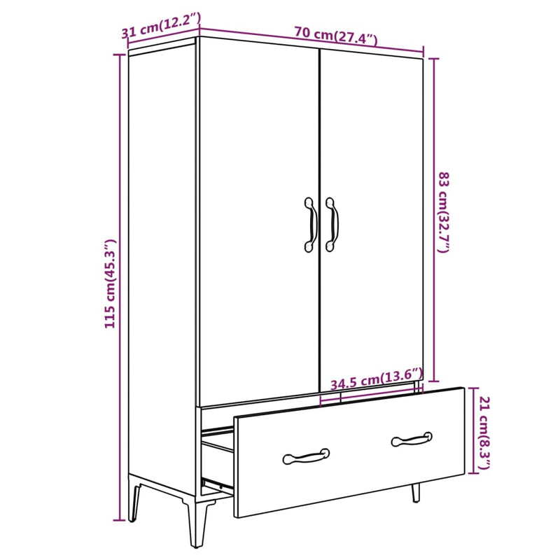 vidaXL füstös tölgy színű szerelt fa magasszekrény 70 x 31 x 115 cm