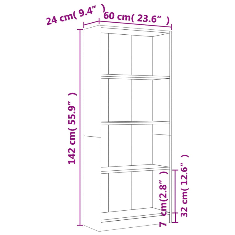 vidaXL 4 szintes szürke sonoma szerelt fa könyvszekrény 60x24x142 cm