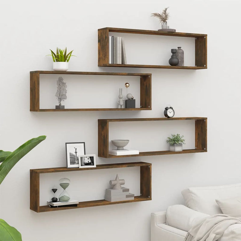vidaXL 4 db füstös tölgy színű szerelt fa fali kockapolc 100x15x30 cm