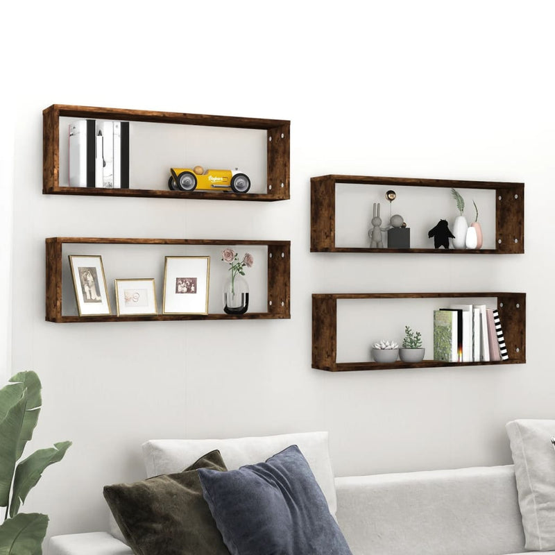 vidaXL 4 db füstös tölgy színű szerelt fa fali kockapolc 80x15x26,5 cm