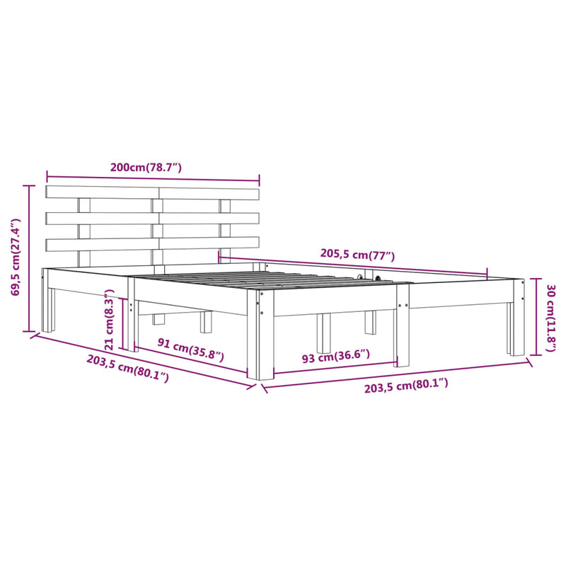 vidaXL fehér tömör fa ágykeret 200x200 cm