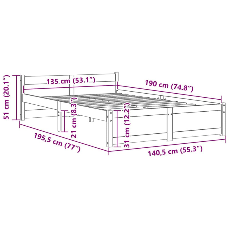 vidaXL Double fehér tömör fa ágykeret 135 x 190 cm