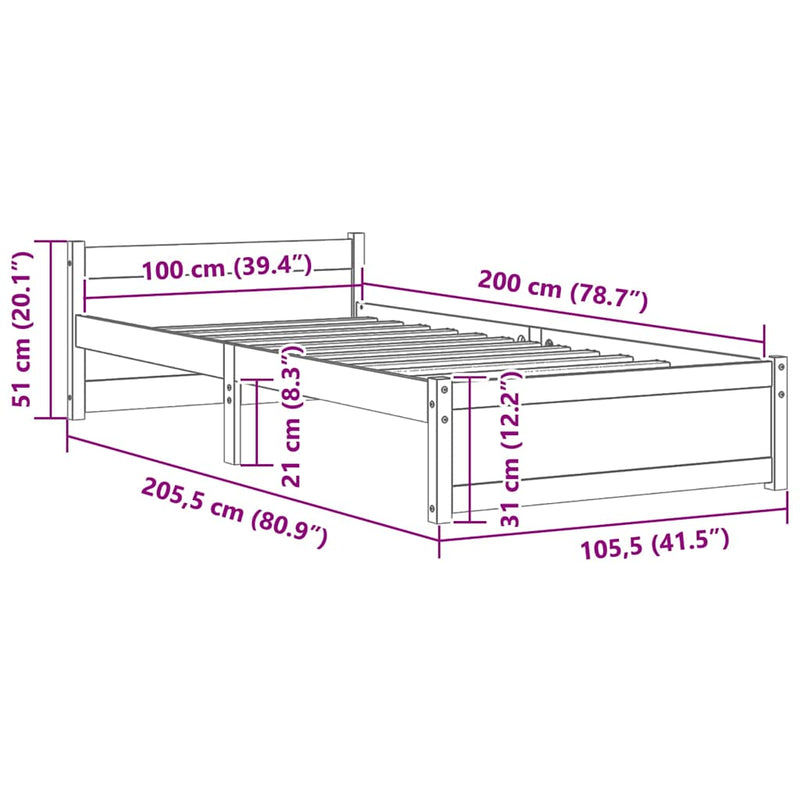 vidaXL fehér tömör fa ágykeret 100x200 cm