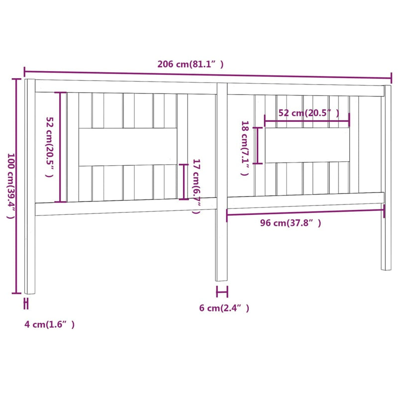 vidaXL fekete tömör fenyőfa fejtámla 206 x 4 x 100 cm