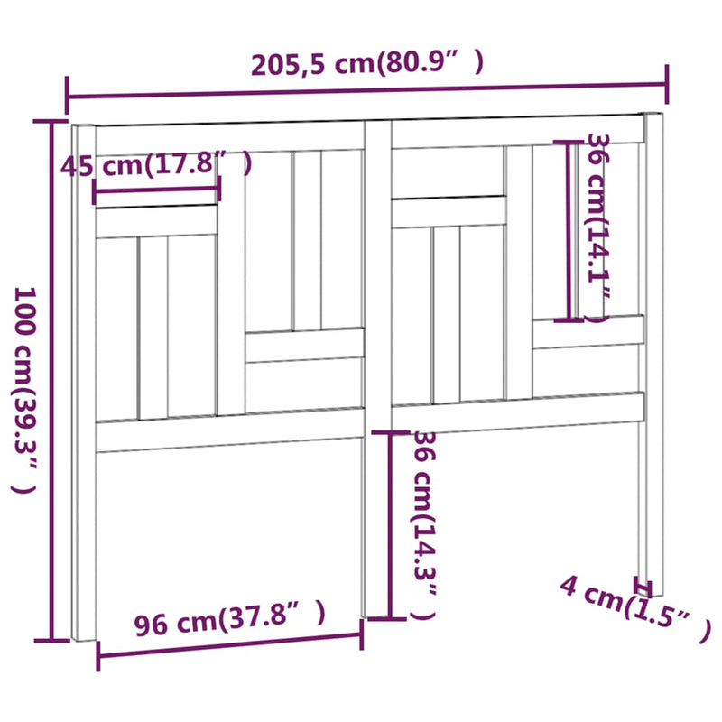 vidaXL fekete tömör fenyőfa ágyfejtámla 205,5 x 4 x 100 cm