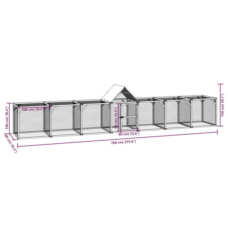 vidaXL impregnált tömör fenyőfa tyúkól 700 x 100 x 150 cm