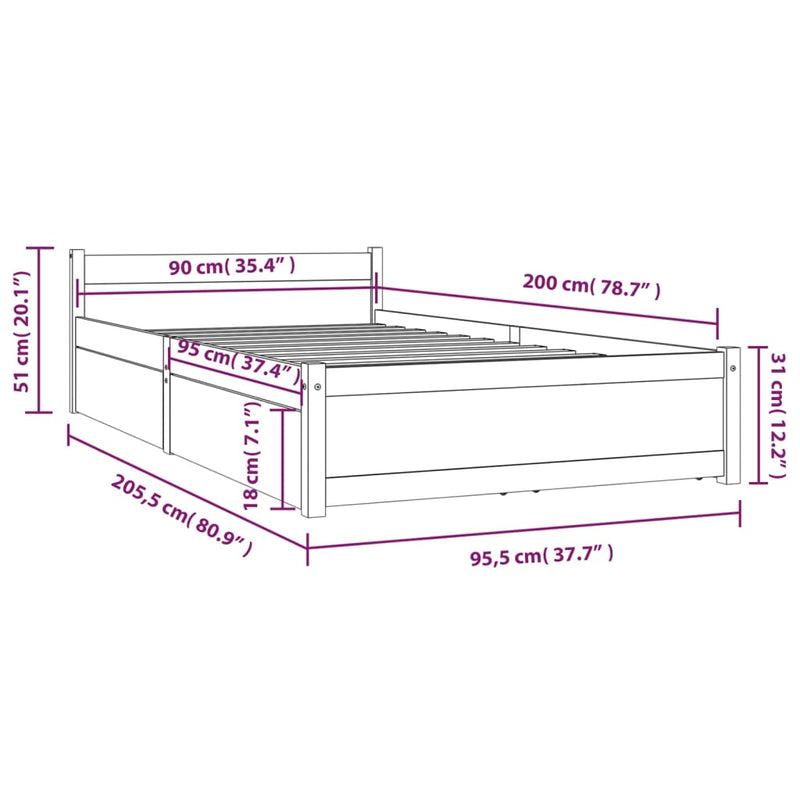 vidaXL fekete ágykeret fiókokkal 90 x 200 cm