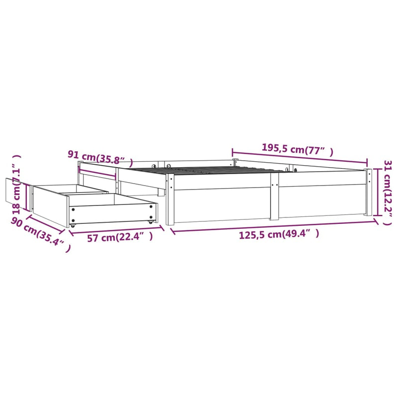 vidaXL fekete ágykeret fiókokkal 120 x 190 cm (Small Double)