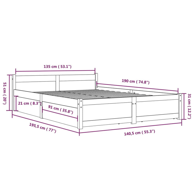 vidaXL fekete ágykeret fiókokkal 135 x 190 cm (Double)