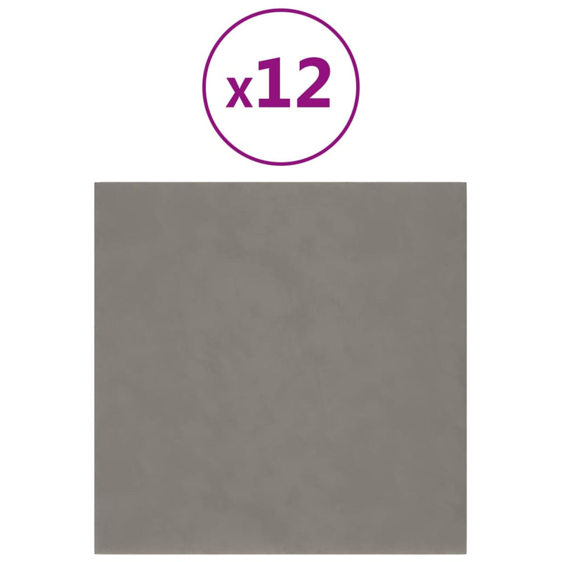 vidaXL 12 db világosszürke bársony fali panel 30 x 30 cm 1,08 m²