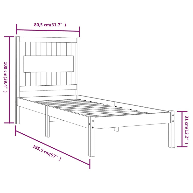 vidaXL Small Single fekete tömör fenyőfa ágykeret 75 x 190 cm
