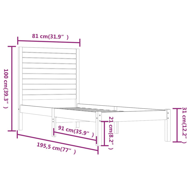 vidaXL Small Single fekete tömör fa ágykeret 75 x 190 cm