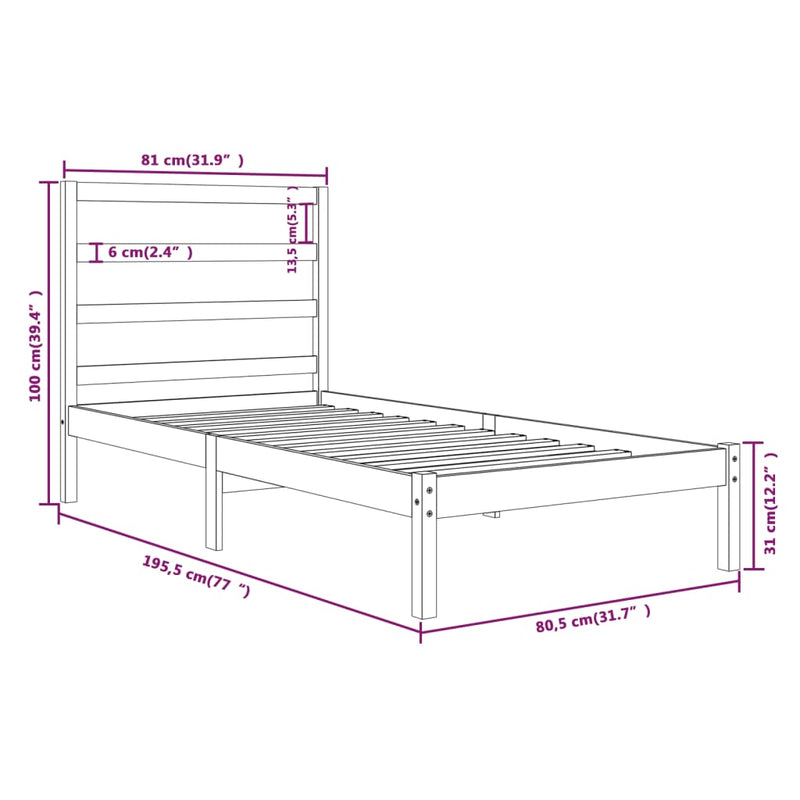 vidaXL Small Single fekete tömör fa ágykeret 75 x 190 cm